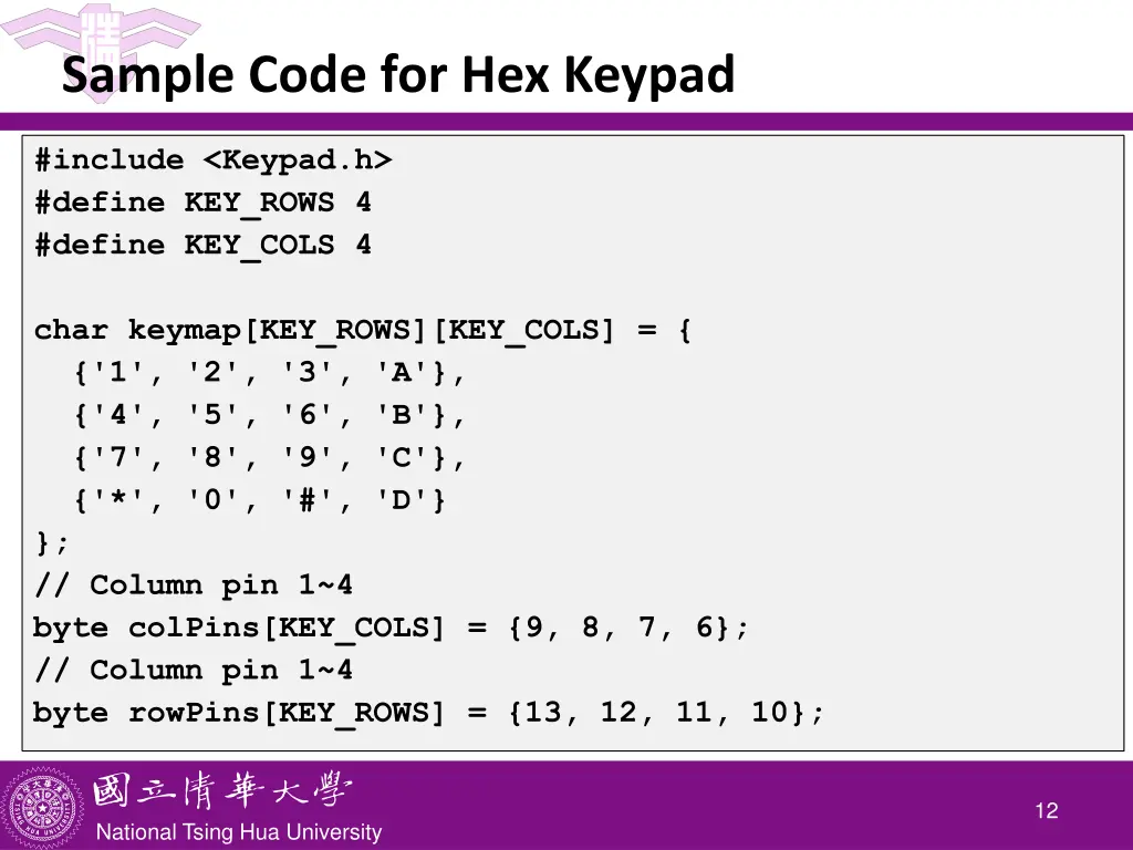 sample code for hex keypad