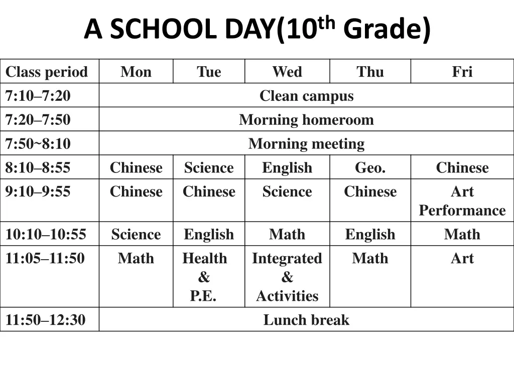 a school day 10 th grade