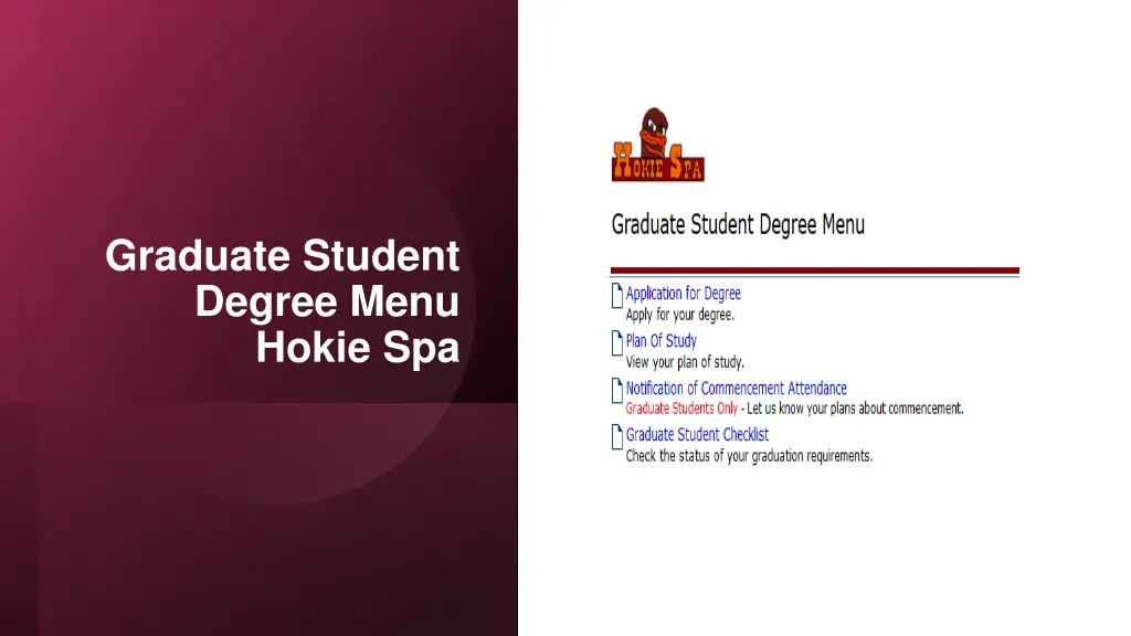 graduate student degree menu hokie spa