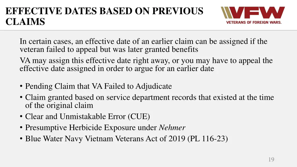 effective dates based on previous claims