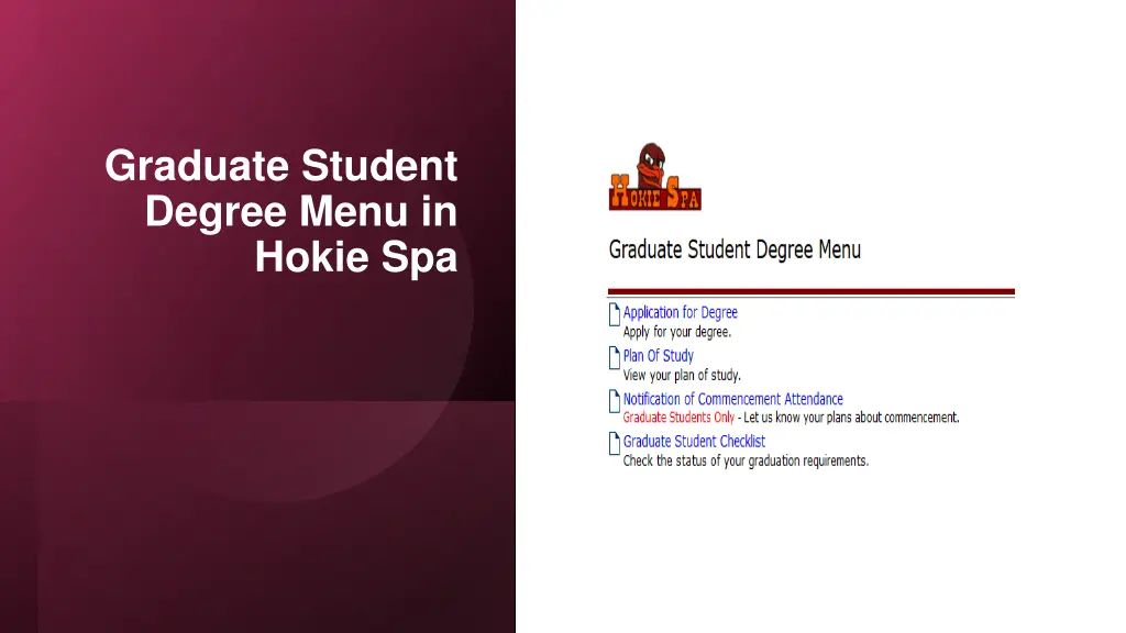 graduate student degree menu in hokie spa