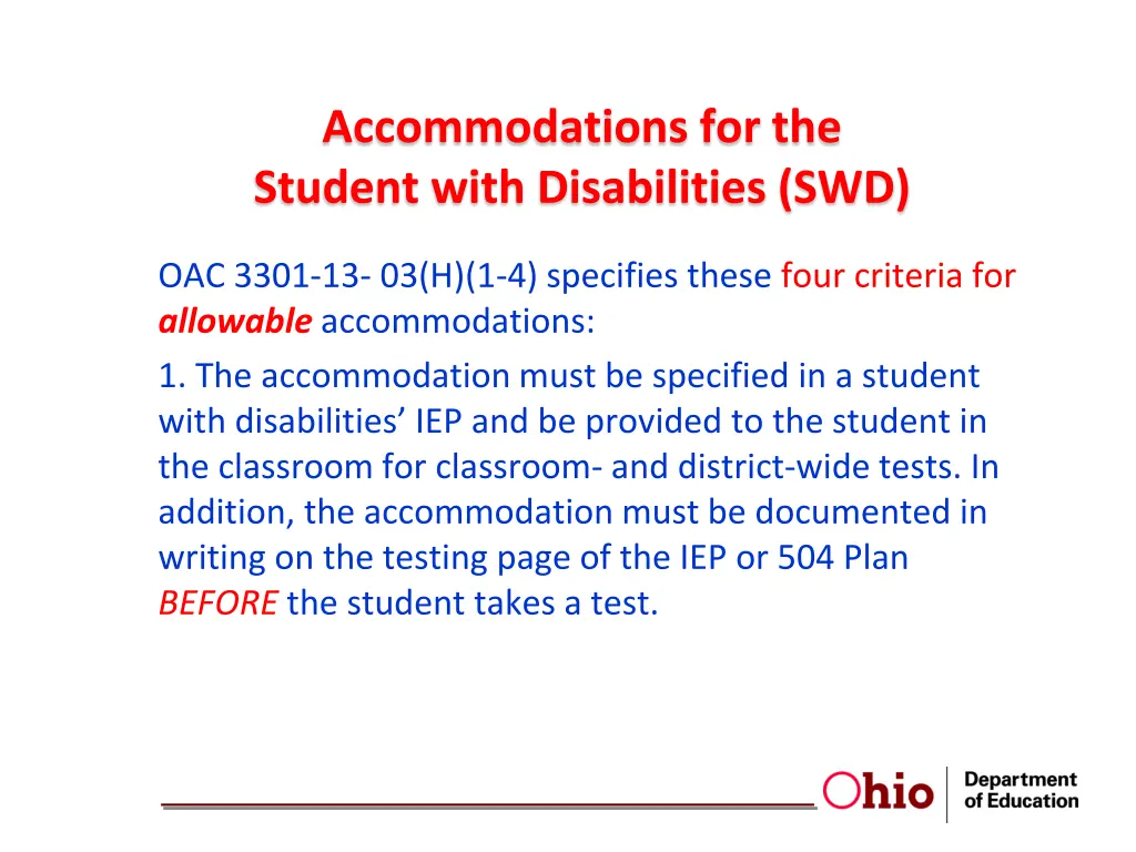 accommodations for the student with disabilities