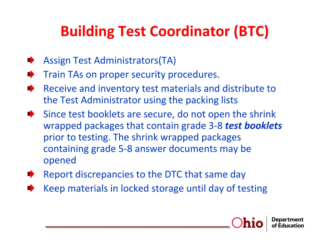 building test coordinator btc