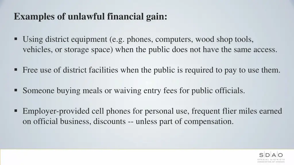 examples of unlawful financial gain