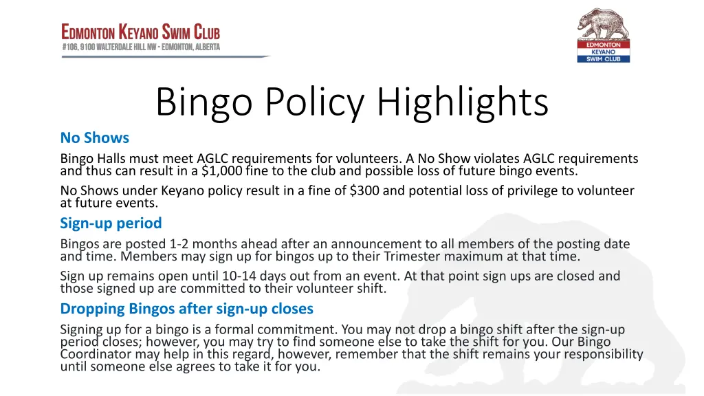 bingo policy highlights