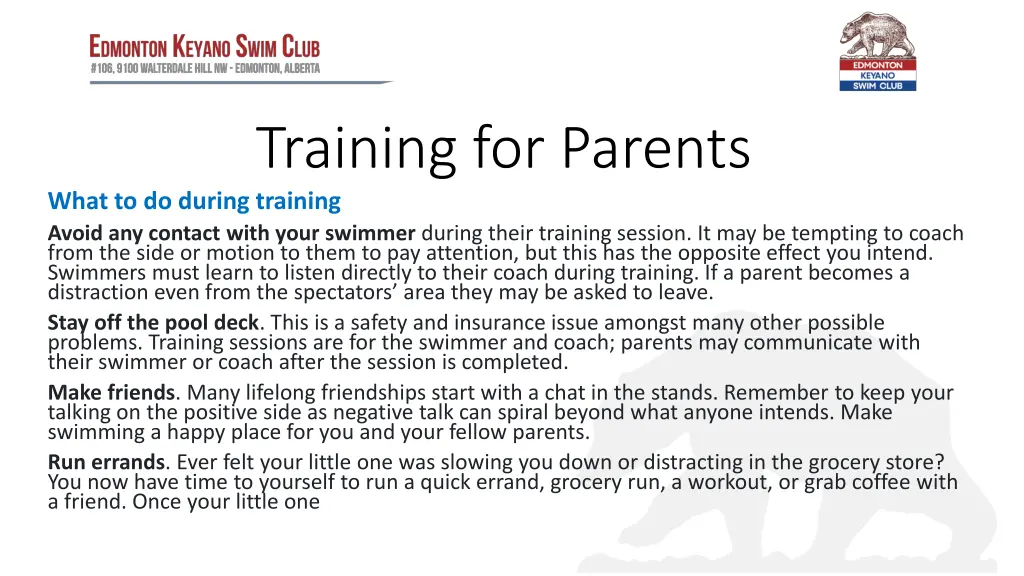 training for parents what to do during training