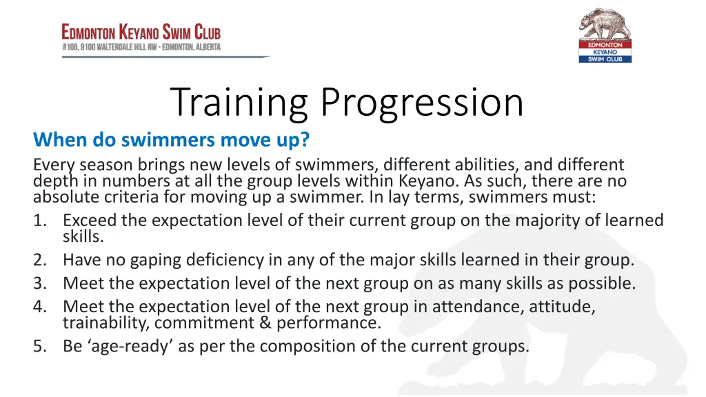 training progression when do swimmers move