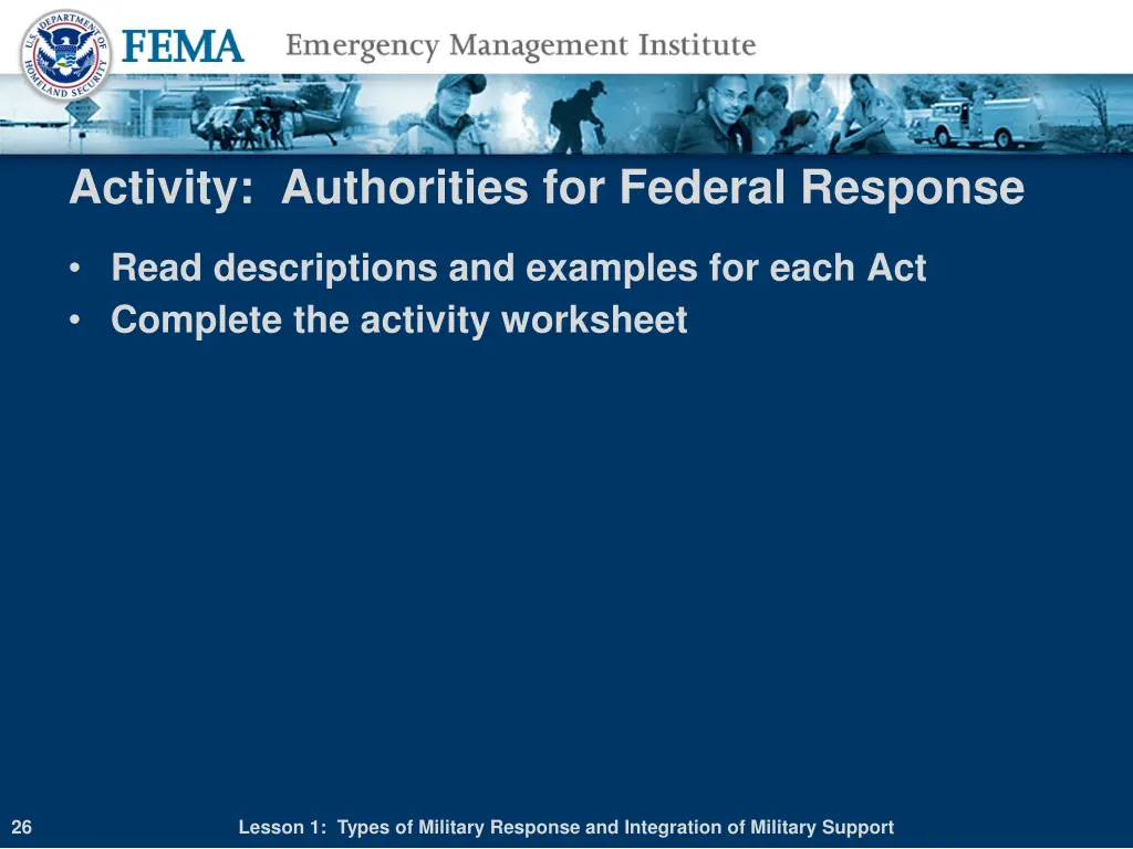 activity authorities for federal response