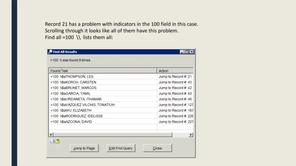 record 21 has a problem with indicators