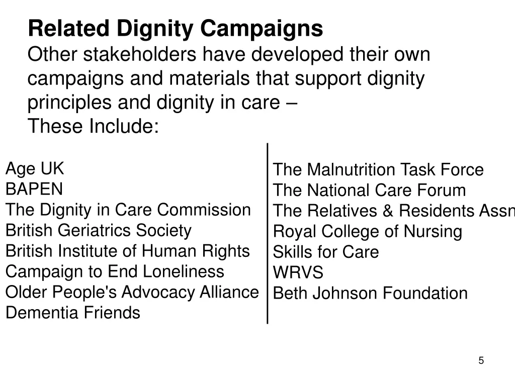 related dignity campaigns other stakeholders have