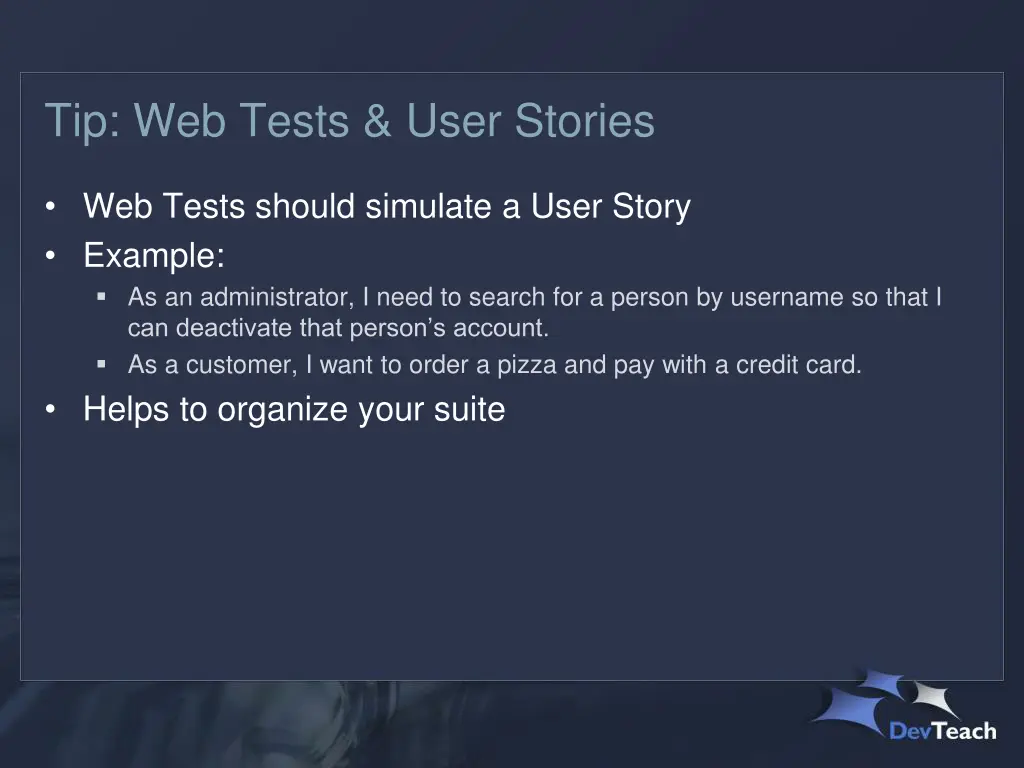 tip web tests user stories