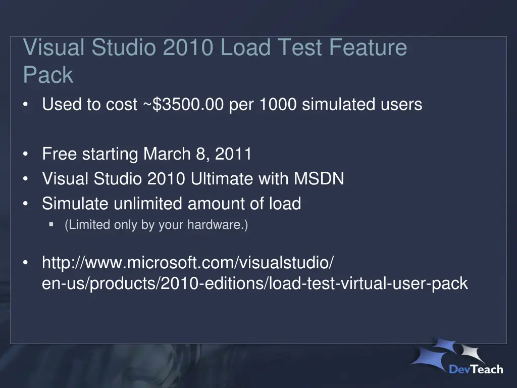 visual studio 2010 load test feature pack used