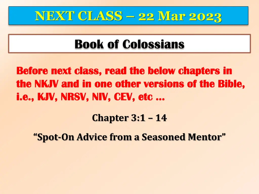 next class 22 mar 2023