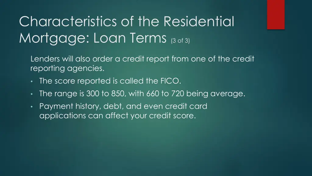 characteristics of the residential mortgage loan 2