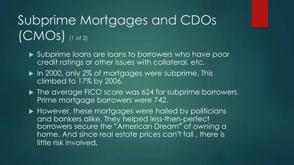 subprime mortgages and cdos cmos 1 of 2