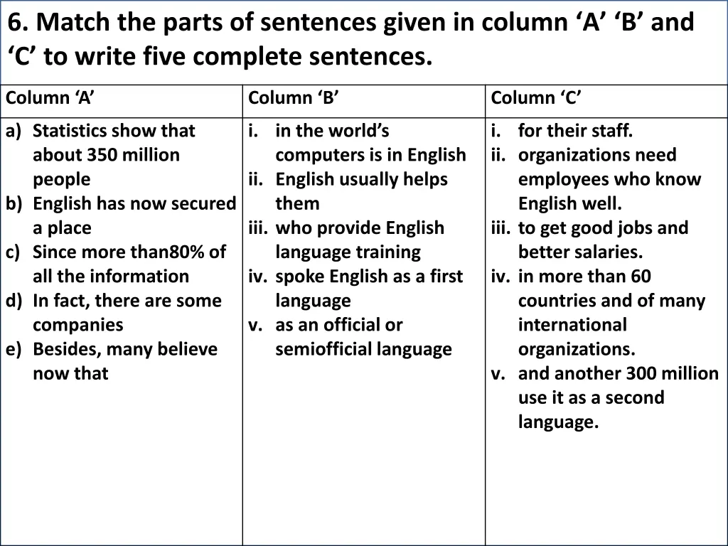 6 match the parts of sentences given in column