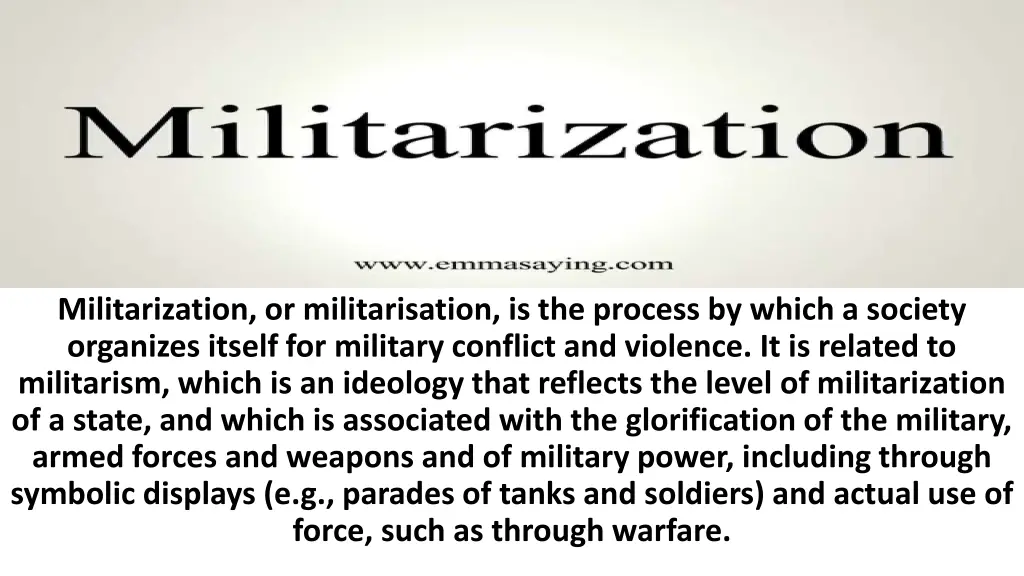 militarization or militarisation is the process