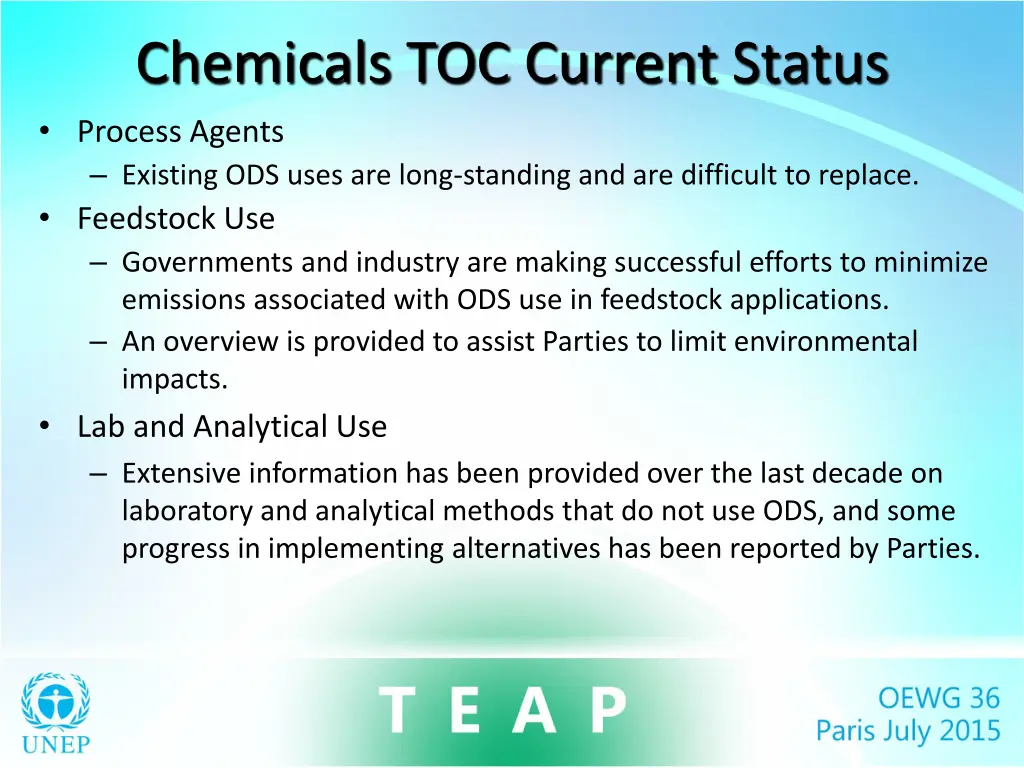 chemicals toc current status process agents