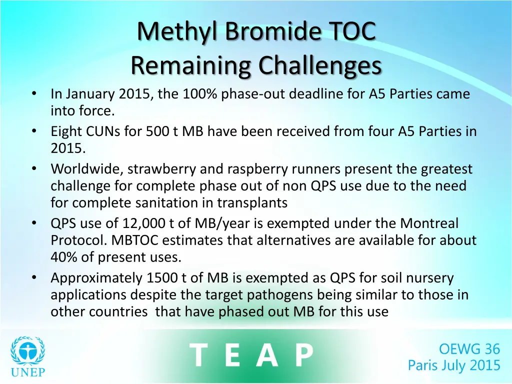 methyl bromide toc remaining challenges