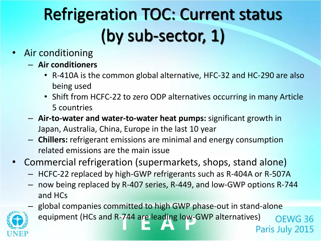 refrigeration toc current status by sub sector