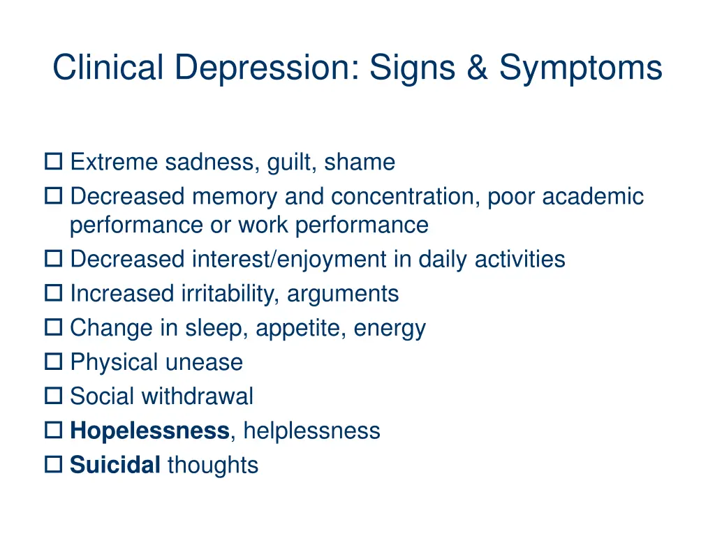 clinical depression signs symptoms