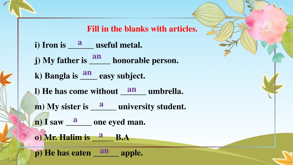 fill in the blanks with articles 1