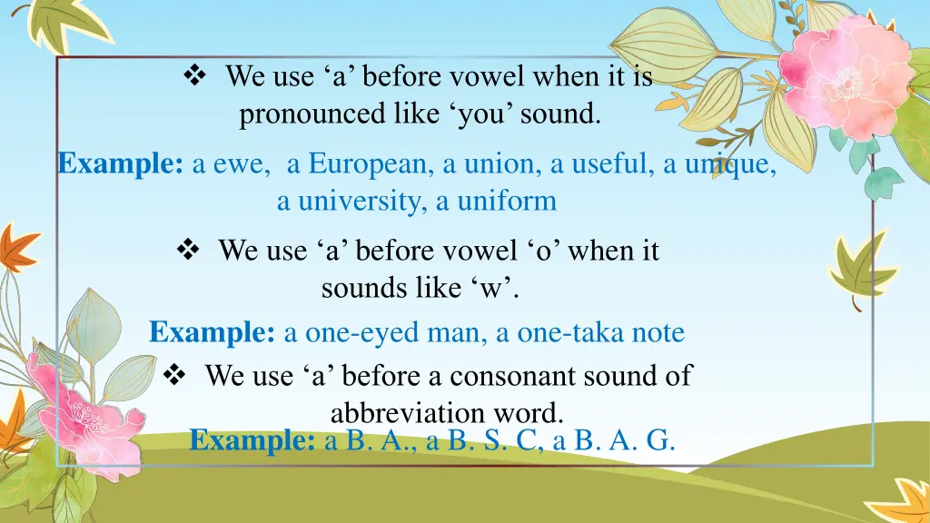 we use a before vowel when it is pronounced like