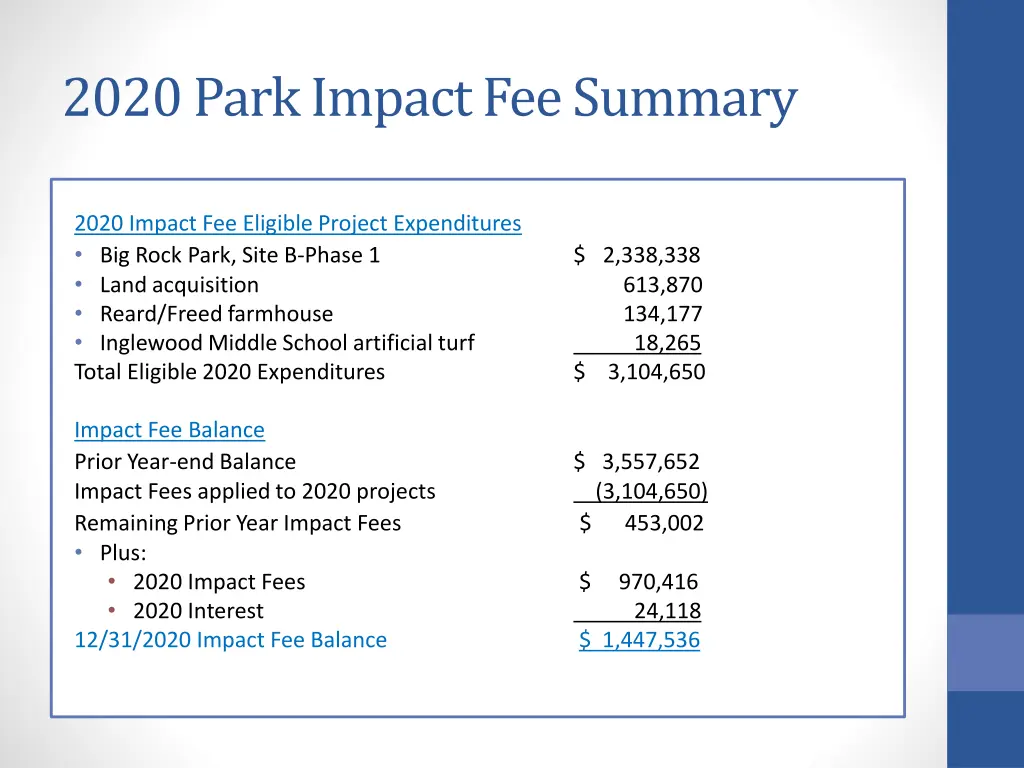 2020 park impact fee summary