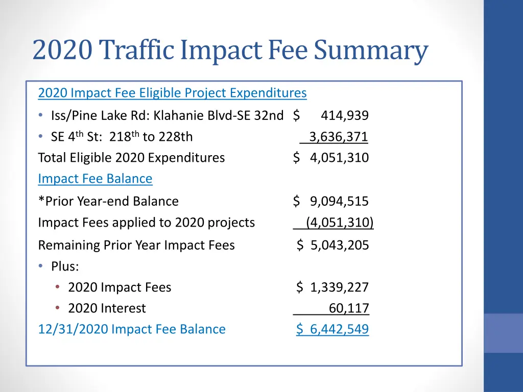 2020 traffic impact fee summary