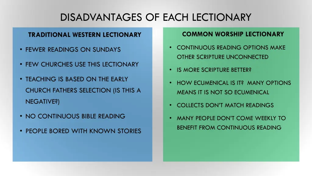 disadvantages of each lectionary