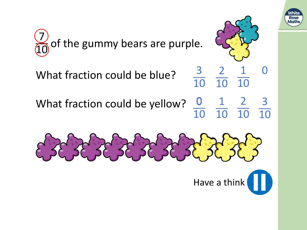 7 10 of the gummy bears are purple what fraction