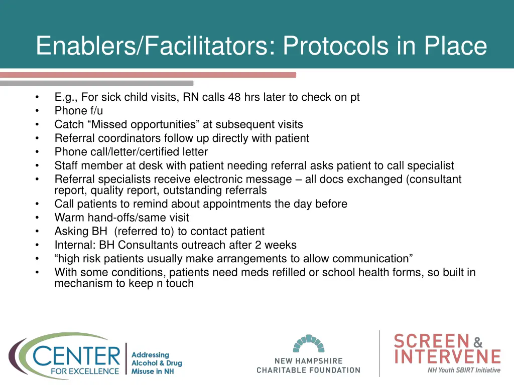 enablers facilitators protocols in place