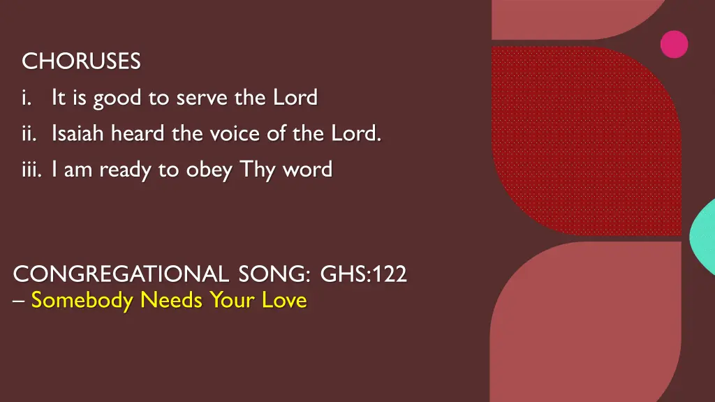 choruses i it is good to serve the lord ii isaiah