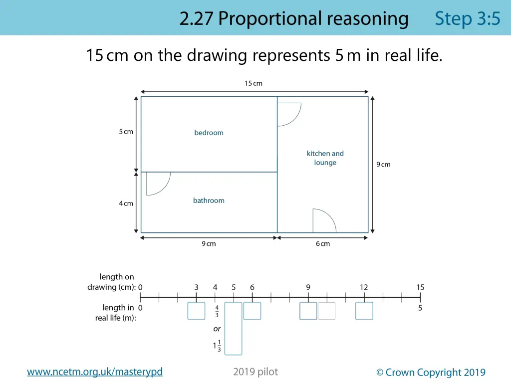 15 cm on the drawing represents 5 m in real life