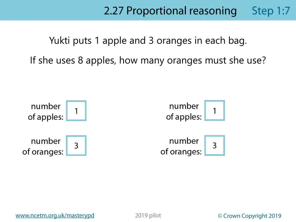 yukti puts 1 apple and 3 oranges in each bag