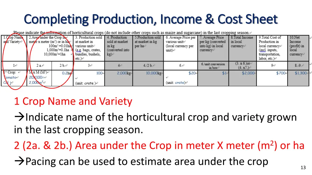 completing production income cost sheet 1