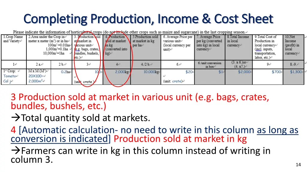 completing production income cost sheet 2