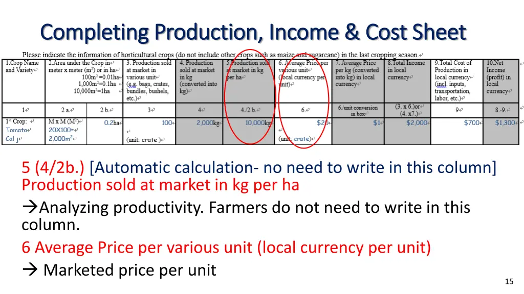 completing production income cost sheet 3