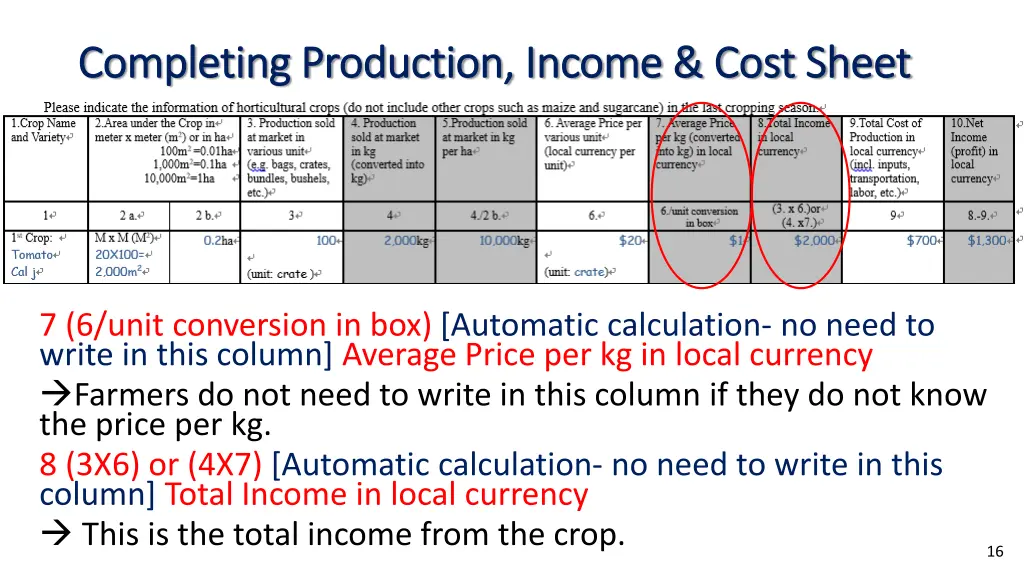 completing production income cost sheet 4