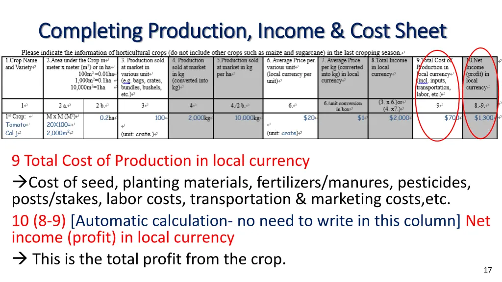 completing production income cost sheet 5