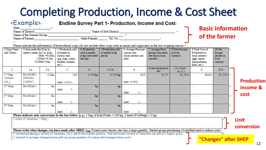 completing production income cost sheet