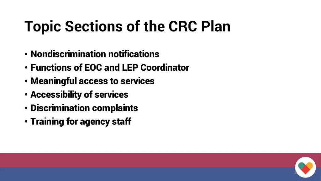 topic sections of the crc plan