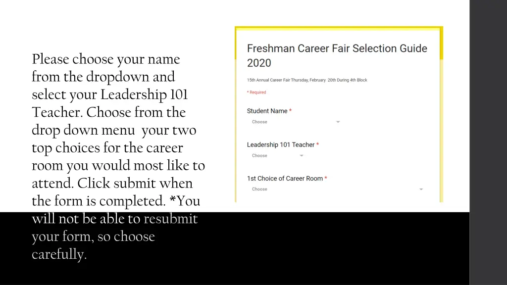 career fair selection guide from the dropdown