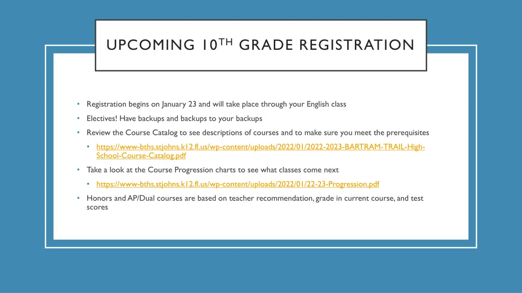 upcoming 10 th grade registration