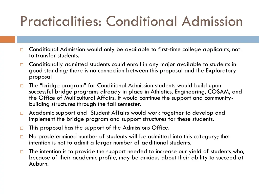 practicalities conditional admission