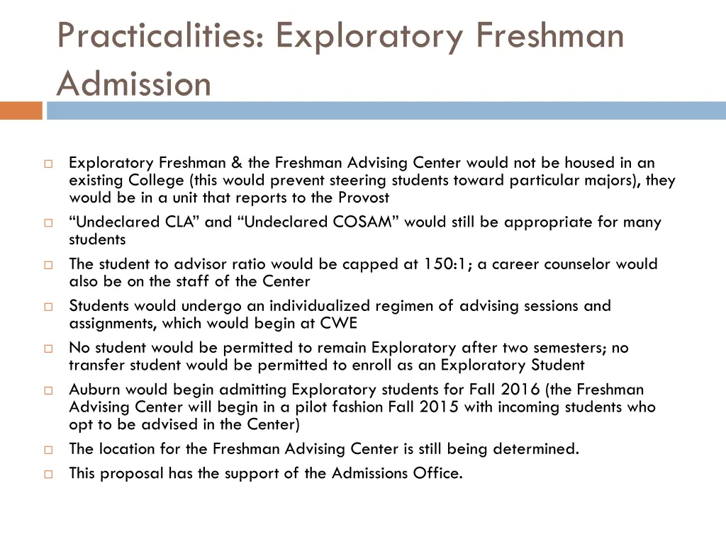 practicalities exploratory freshman admission