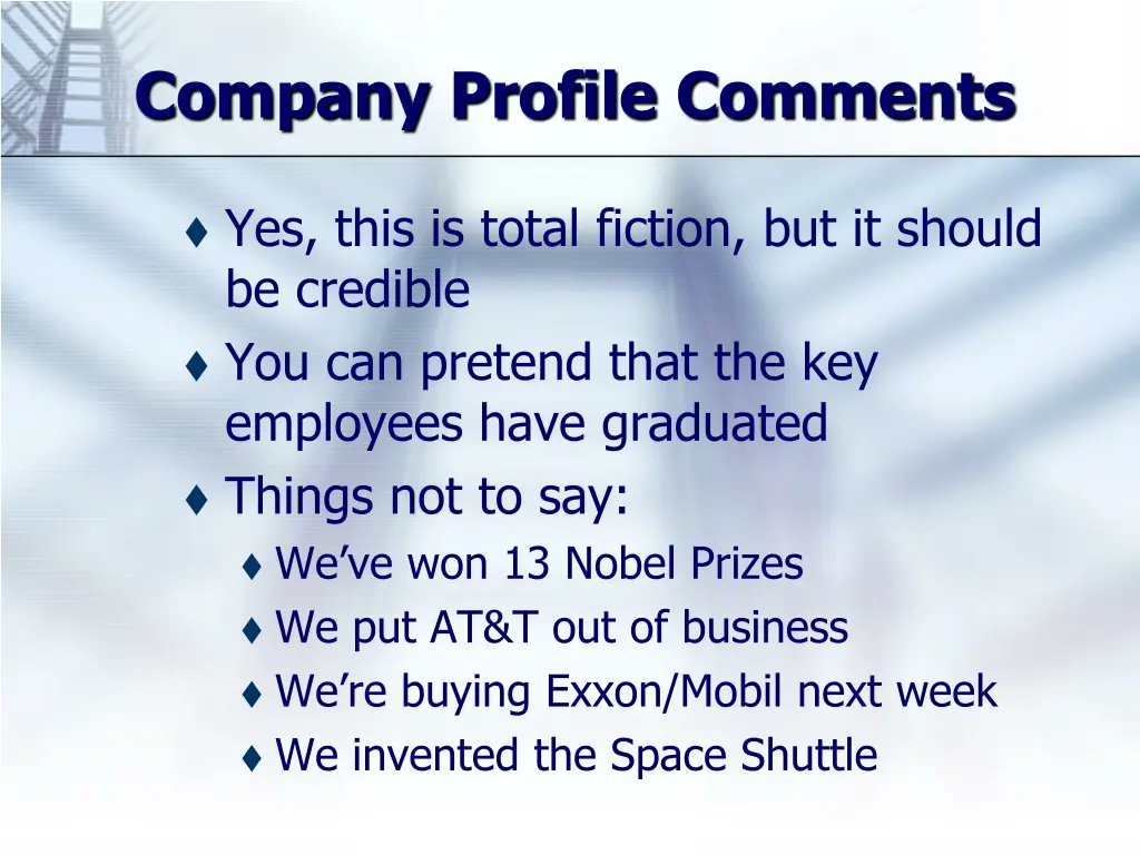 company profile comments