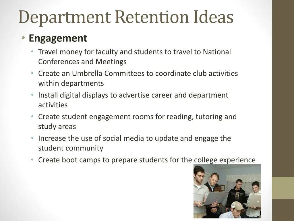 department retention ideas engagement travel