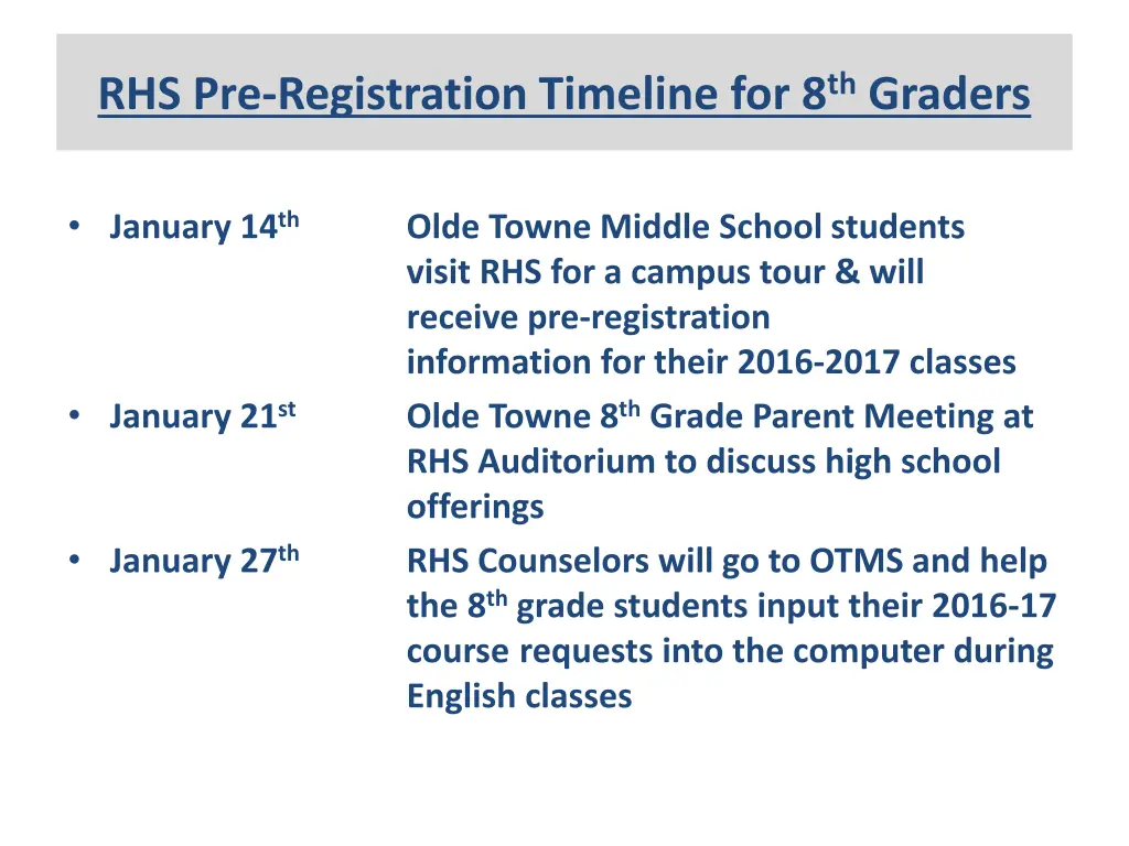 rhs pre registration timeline for 8 th graders