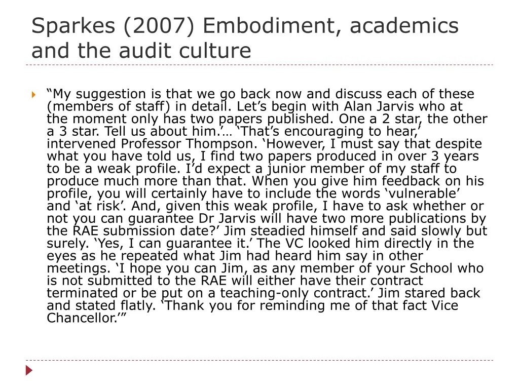 sparkes 2007 embodiment academics and the audit